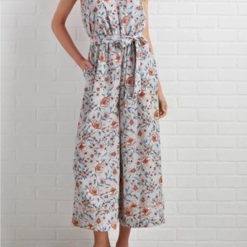 Leith Blue and Pink Floral Jumpsuit with Tie Waist